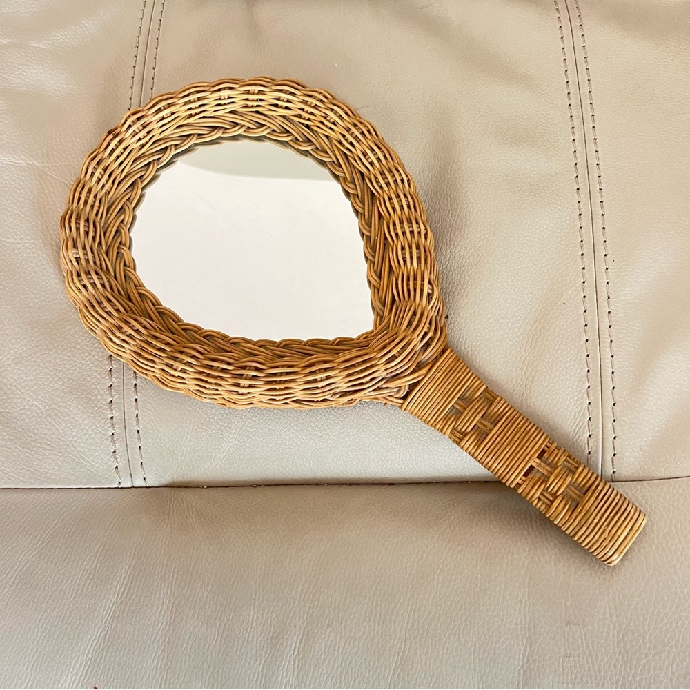 Vintage Rattan Hand Mirror Boho Wicker Wall Decor Coastal Cottage